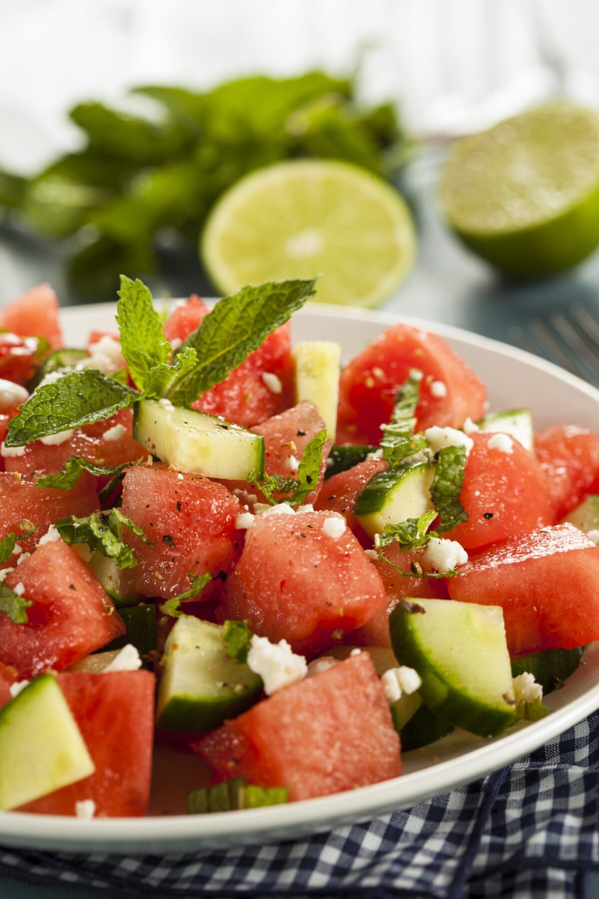 A white bowl filled with a watermelon, cucumber, and mint salad.