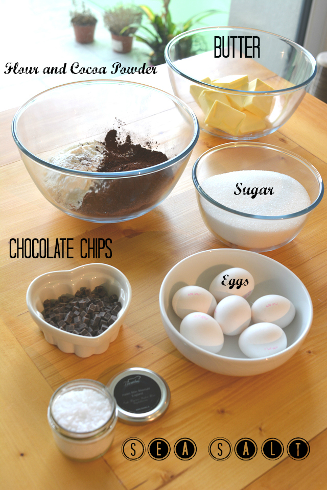 salted chocolate brownies ingredients, butter, flour and cocoa powder, sugar, chocolate chips, and eggs, 