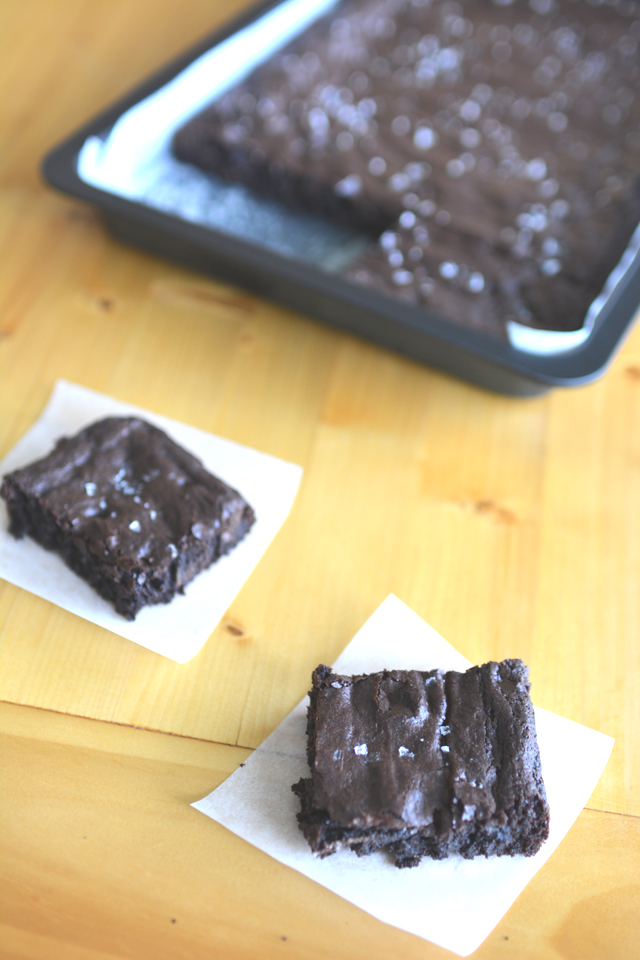 an image of slices salted chocolate brownies with a tray