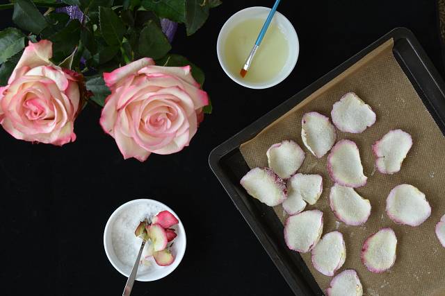 rose flower with its petals soaked in sugar and coated in egg wash