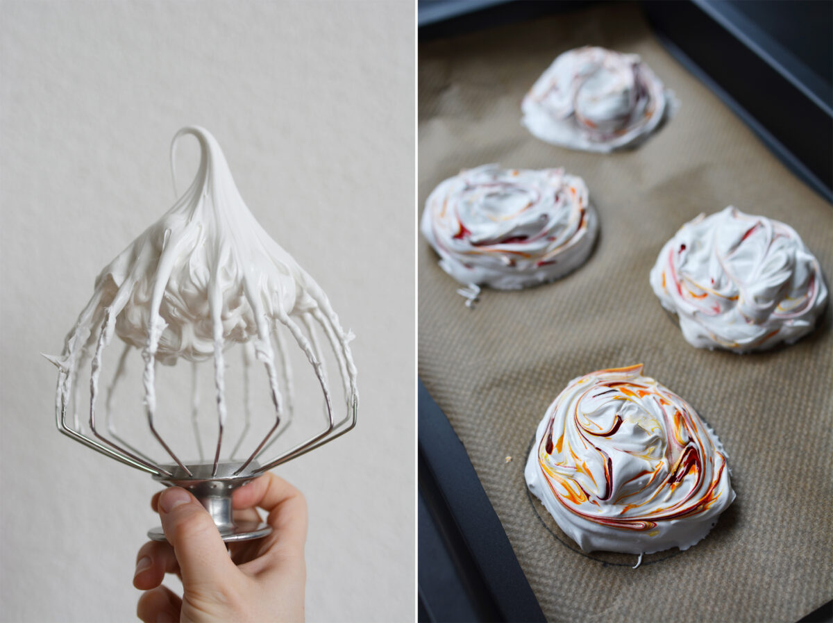 collage of two images: on the left, a close-up of a mixer blade in action. on the right, an image of a baking tray filled with four mounds of meringue mixture