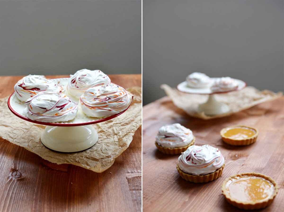 collage of 2 images: left image featuring a cake table with 4 meringue desserts. right image displaying 4 tarts, with 2 tarts filled with meringue, while the other 2 have no meringue filling
