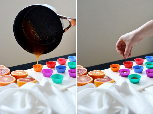 collage of two images: on the left, a pan pours salted blood orange toffee mixture into a mold. on the right image, a hand adds a topping to the mixture in the mold