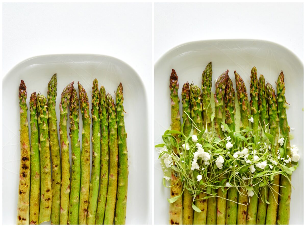 collage of 2 images of a plate left image show a plate with asparagus stems and the right images shows asparagus stems with cress and feta cheese