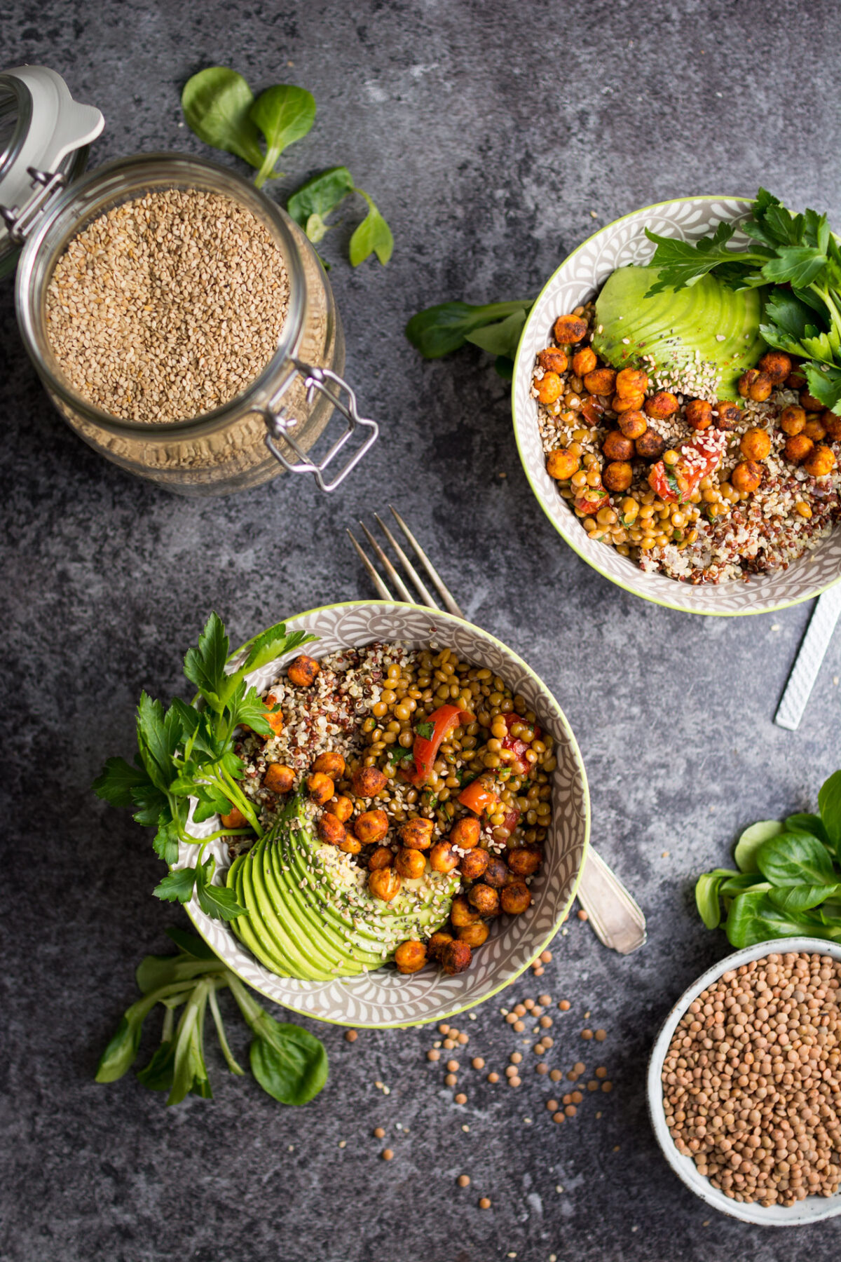 Warm Lentil and Tomato Salad with chilli roasted chickpeas. A delicious vegan meal!