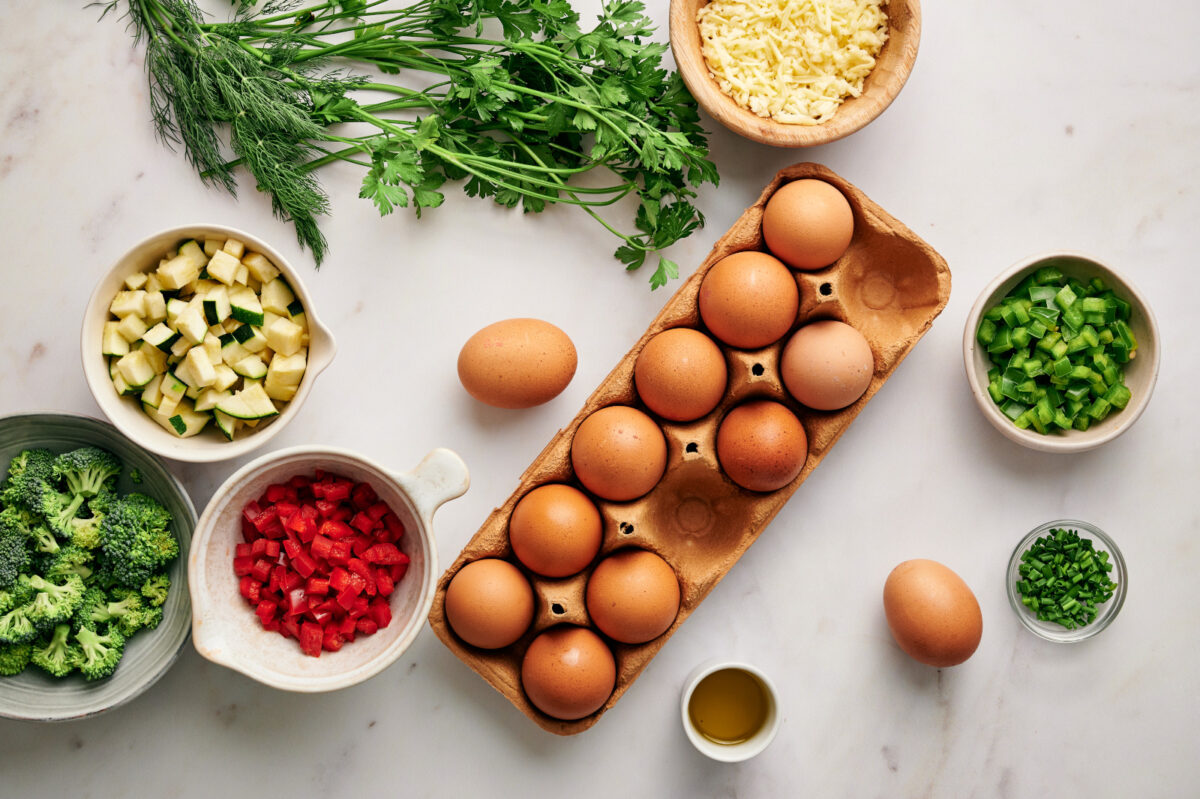 Ingredients for a fresh garden veggie frittata.