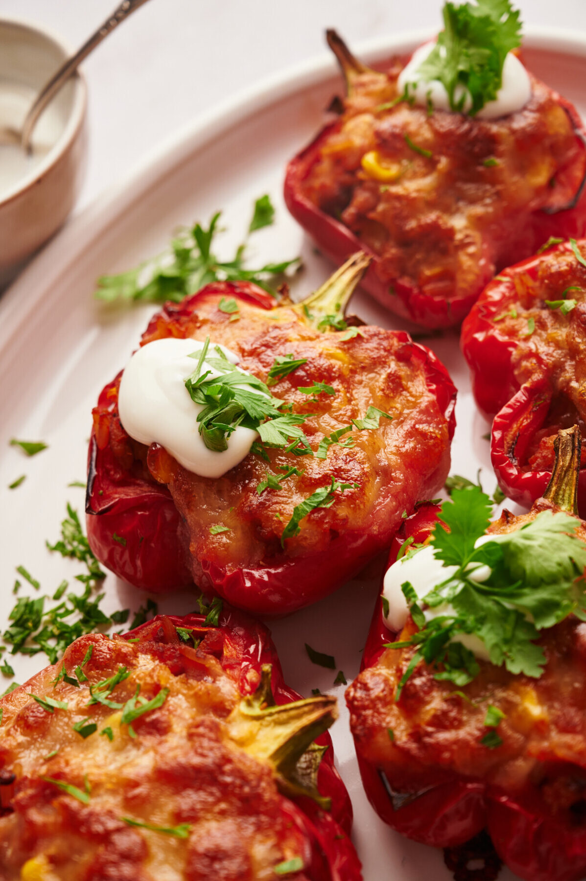 A white plate filled with Southwestern stuffed peppers and sour cream in bowl.