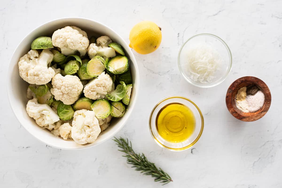 Ingredients for Roasted Cauliflower & Brussels Sprouts.